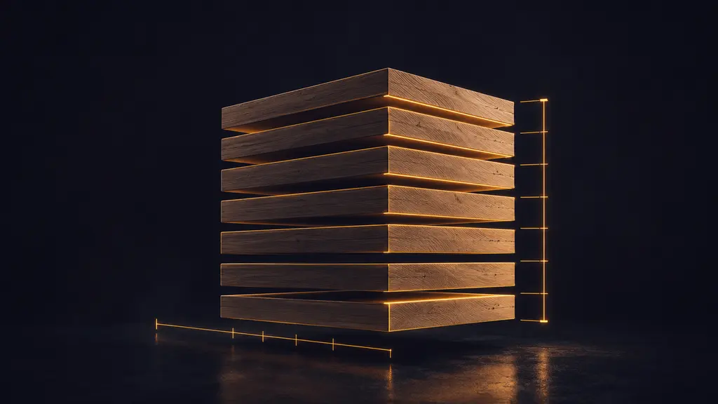 AkhshabZ poster: stacked timber planks with glowing measurement lines