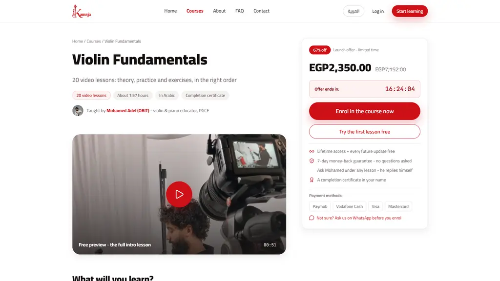 Course page with pricing, lesson list and a free preview