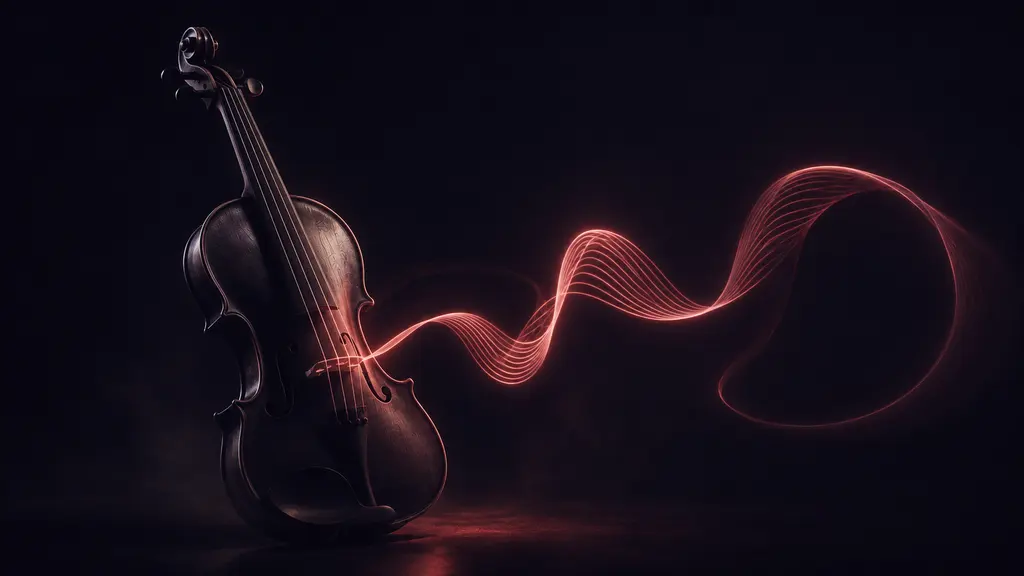 Alkamnja poster: a violin releasing a ribbon of light