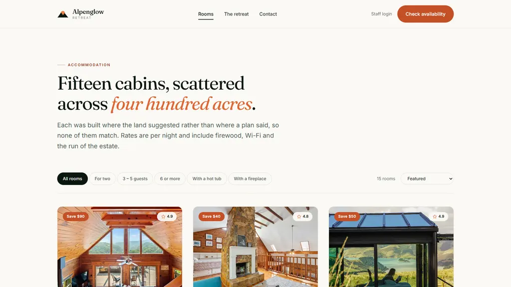 Cabin listing with filtering by guests, nights and features