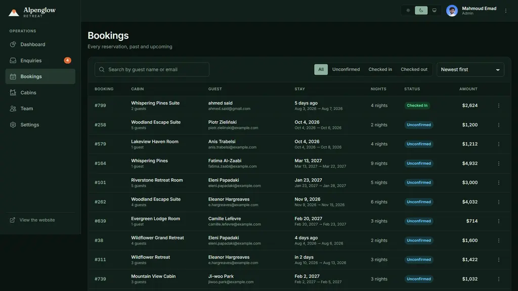 Booking register with status and check-in state