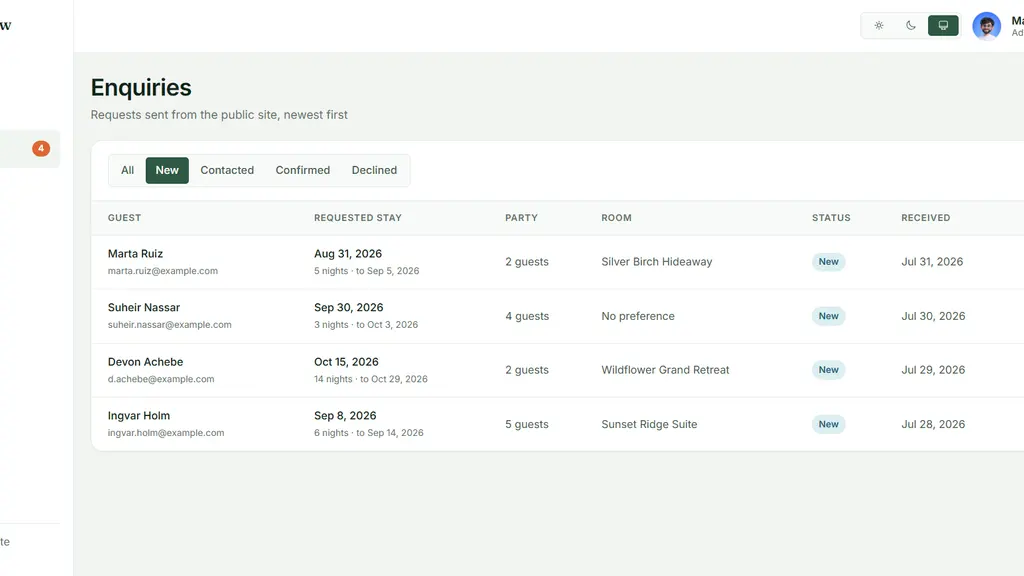 Enquiries inbox feeding the booking pipeline