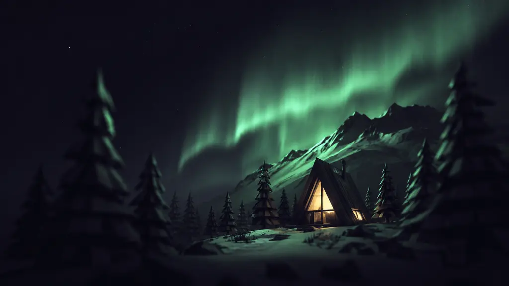 Alpenglow poster: an A-frame cabin under a mint aurora