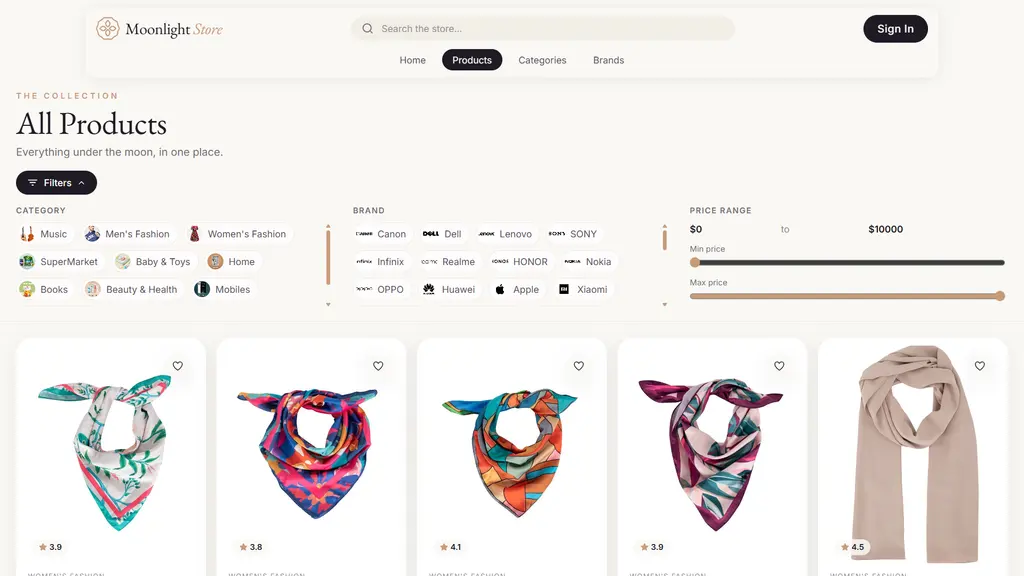 Product grid with brand, category and price filters held in the URL