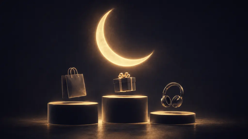 Moonlight poster: product pedestals under a crescent moon