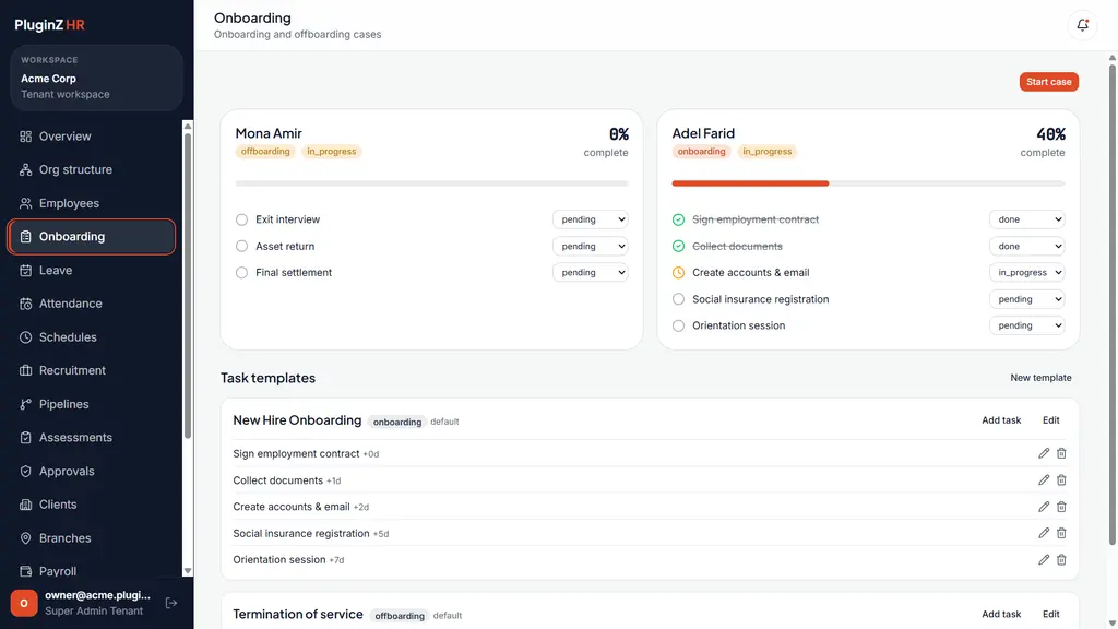 Onboarding and offboarding cases with per-task progress