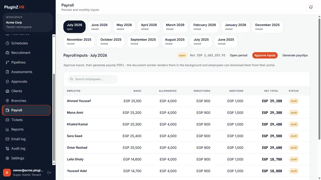 Payroll run: per-employee figures across the months, in EGP